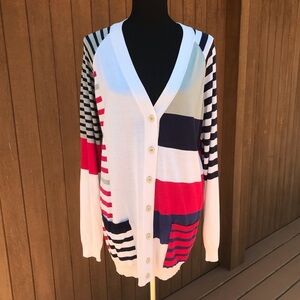 Bruno Manetti NWT Striped Colorblock Cardigan V Neck Red White Blue Large Silk
